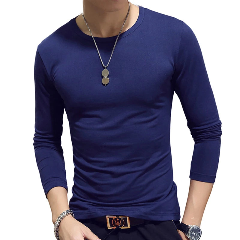 2020 Elastic Mens T-Shirt O-Neck Round Neck Long Sleeve Men T-Shirt For Male Lycra And Cotton T-Shirts Man Clothing