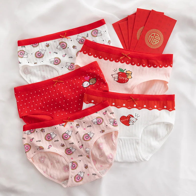 5Pcs/Set Cotton Underwear For Women Female Panties Cute Love Girl's Briefs Mid Waist Seamless Breathable Underpants Lingerie