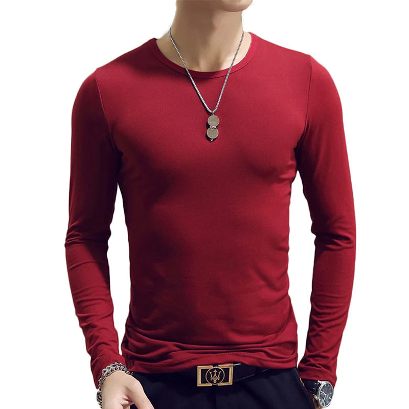 2020 Elastic Mens T-Shirt O-Neck Round Neck Long Sleeve Men T-Shirt For Male Lycra And Cotton T-Shirts Man Clothing