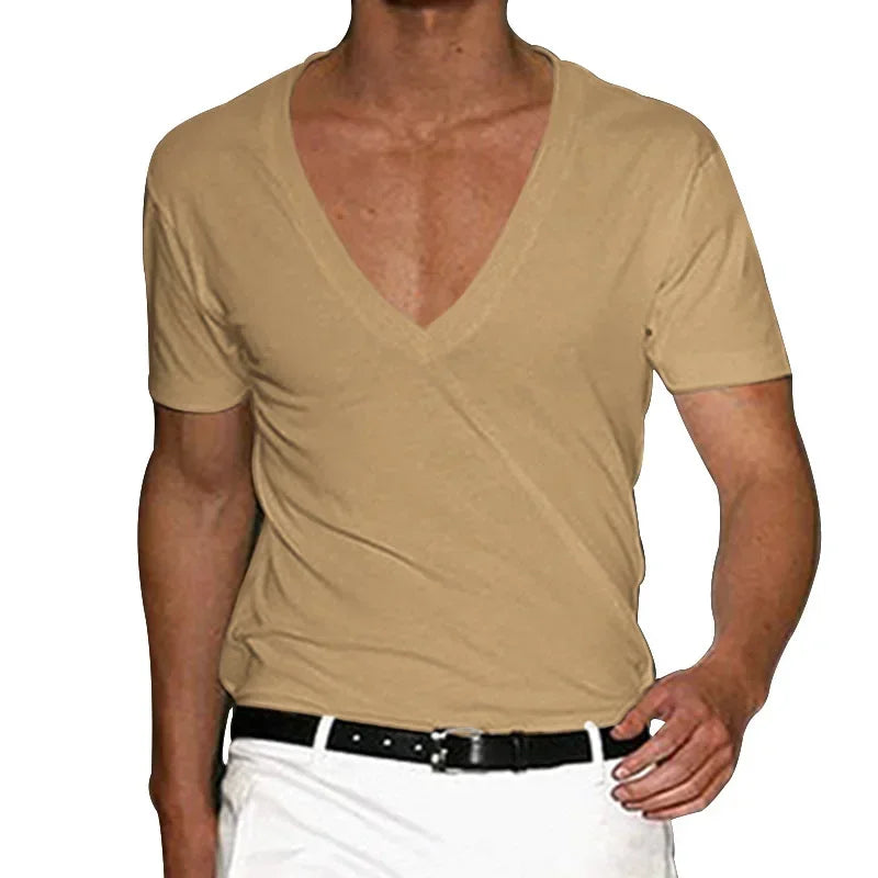 European and American Mens V Neck Sports T-Shirt Summer Cultivate One's Self Casual Solid Color Street Short Sleeve T-Shirt Top