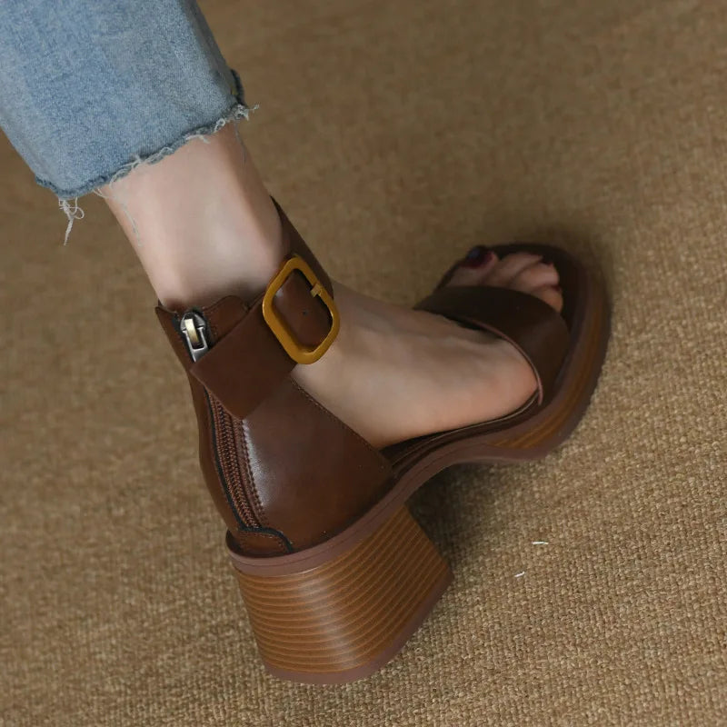 Women's Sports Shoes Beige Hardened Sole Open Toed Sandals Rear Zipper Peep Toe Retro High Heels
