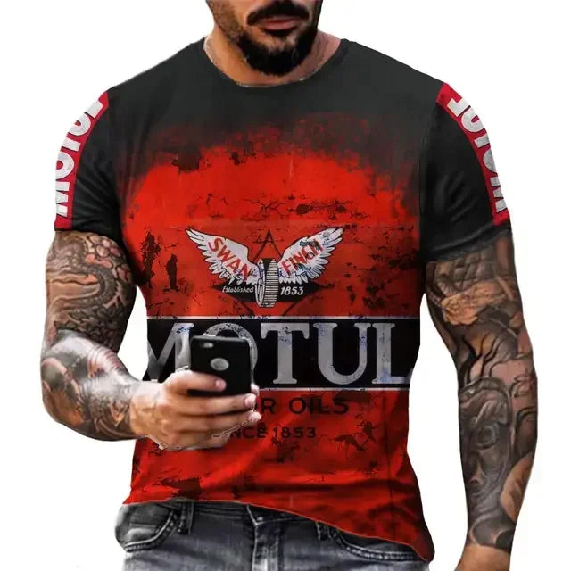 Men's casual T-shirt, white-collar shorts, quick drying summer shirt, breathable, racing motorcycle, 3D printed short top, 2025