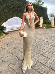 Women's Sexy Stacked V Neck Sleeveless Backless Lace-up Knit Beach Maxi Dress 2025 Summer Swimsuit Cover Up Party Outfit K242