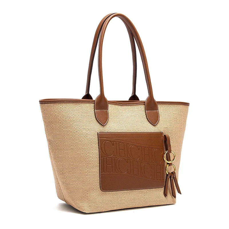 Beach Vacation Women's Tote Bag 2025 New Summer PP Grass Weaving Splicing Design Large Capacity Handbag