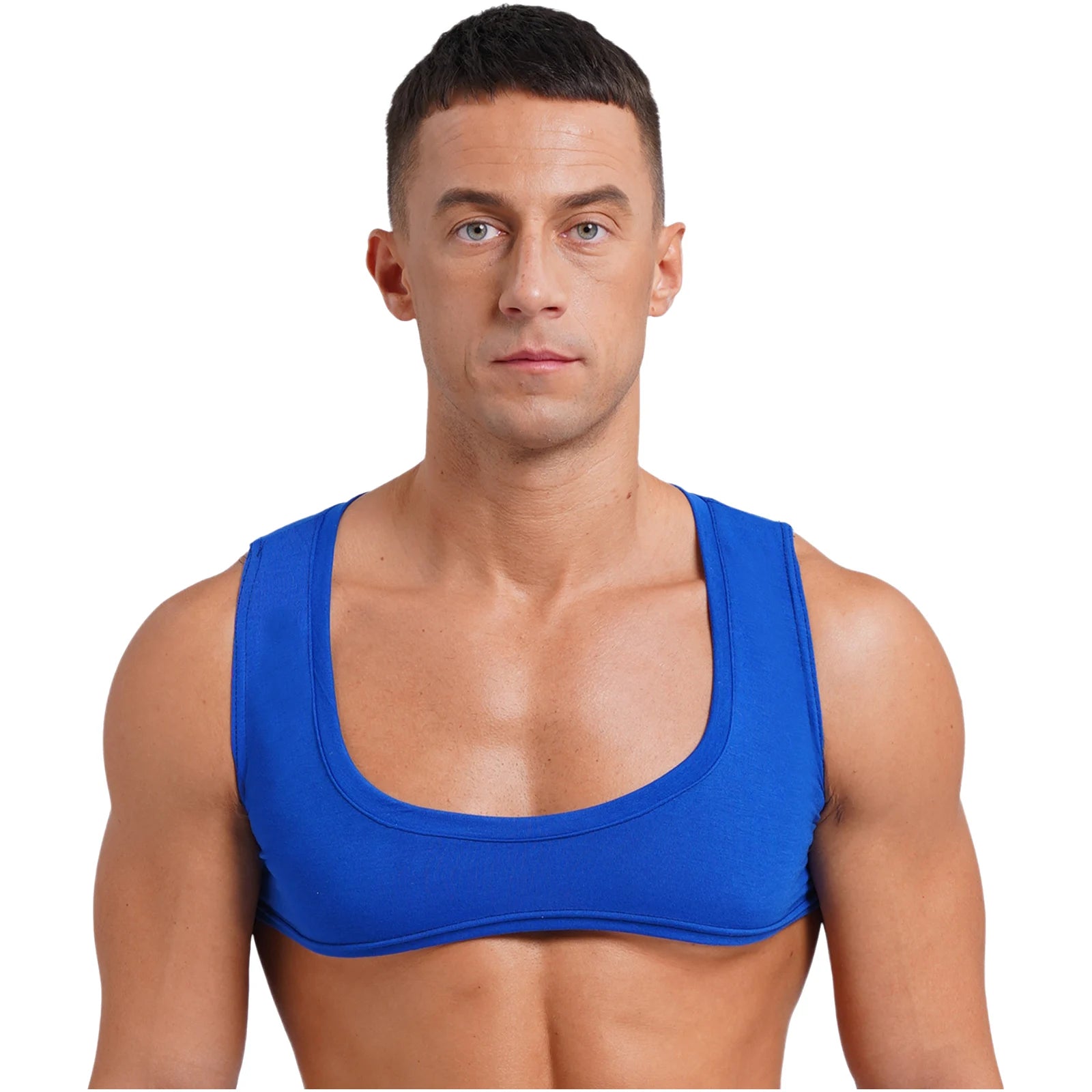 Mens Sexy Muscles Showing Off Crop Top Low Scoop Neck Sleeveless Solid Color Tank Top Vest for Bodybuilding Disco Nightclub