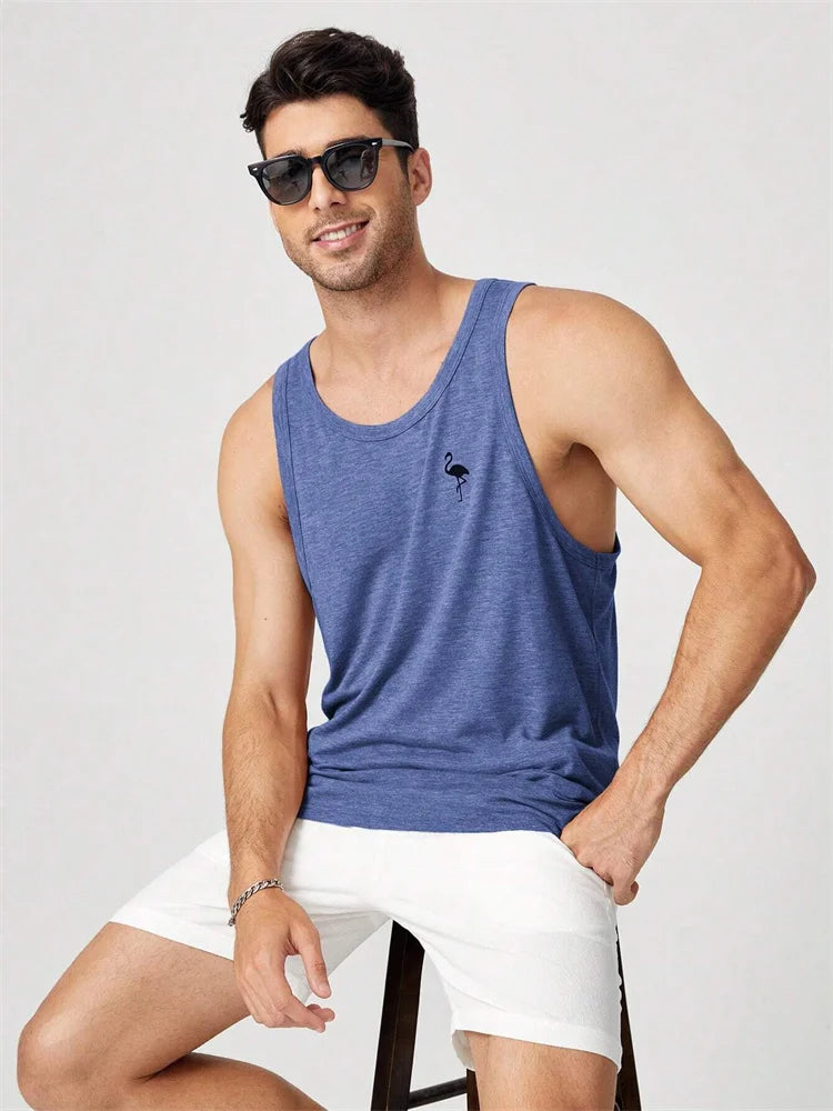 2024 Men's Summer O-neck Vest Breathable Coconut Leaf Print Sports Fitness Vest Quick Dry Hawaiian Sleeveless Vest For Men