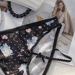 Niedliche Unterwäsche mit Katzenprint für Damen, niedrige Taille, Spitze, Schleife, atmungsaktiv, nahtloser Baumwollzwickel, Dessous