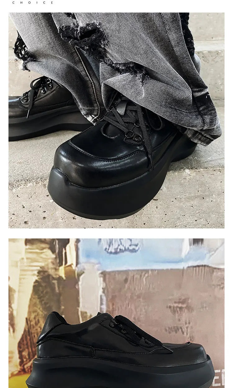Thick soled 7CM raised leather shoes for men, black sports shoes for women, lightweight soft soled dad shoes for couples