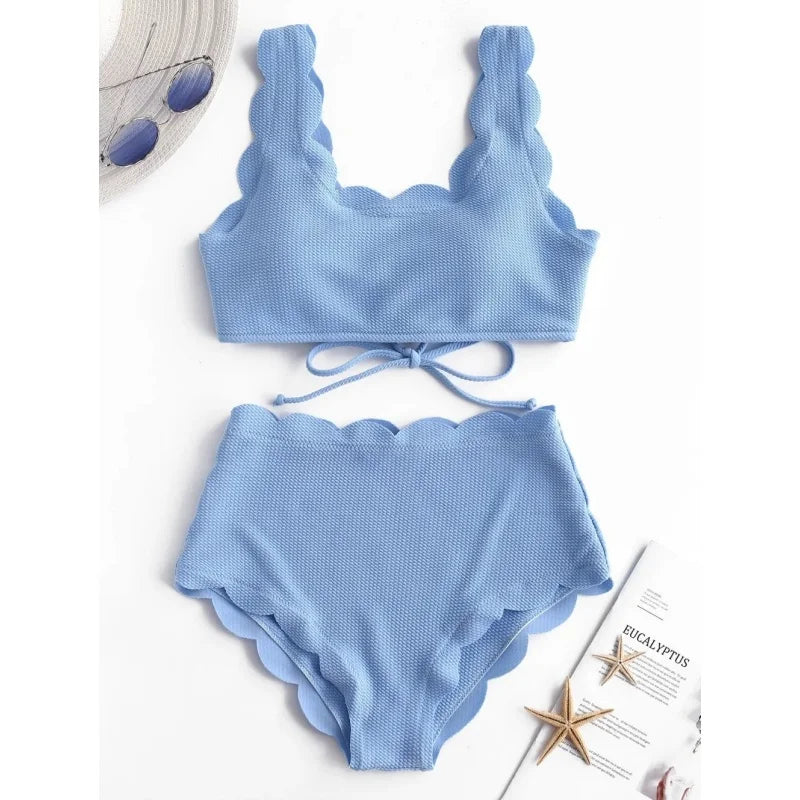 Simple Solid High Waist Bikini Women Swimsuit Fashion Floral Edge Split Bathing Suit 2025 New Casual Lady Two Pieces Beachwear
