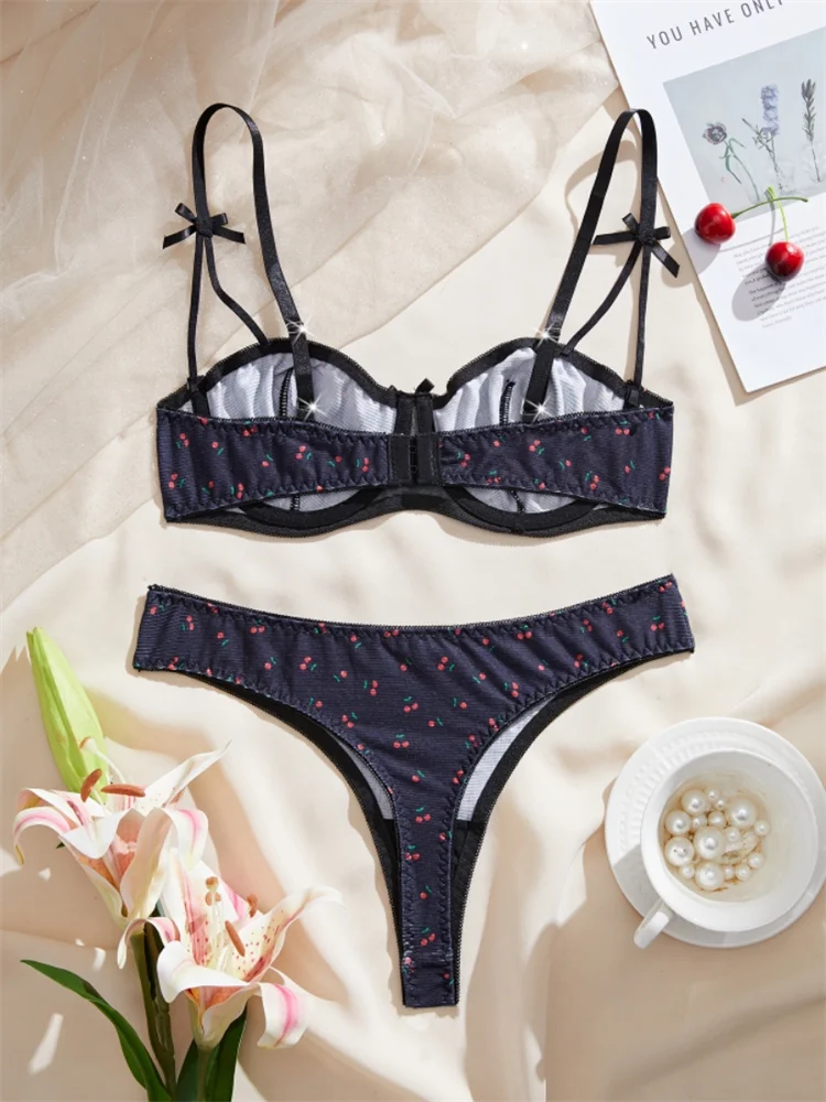 Lingerie Cute Cherry Print Bra Panty Sets Girl Beautiful Bow Sexy Lingerie Three-Point Underwear Intimate Sexy Female Lingerie