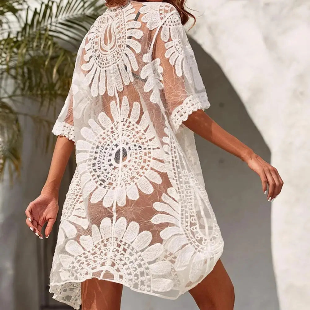 One Size  Sexy Lace Up Summer Beach Cover Up Solid Color Women Beach Dress Flower Embroidery   Women Clothes