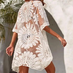 One Size  Sexy Lace Up Summer Beach Cover Up Solid Color Women Beach Dress Flower Embroidery   Women Clothes