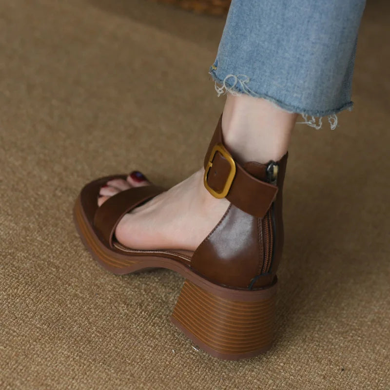 Women's Sports Shoes Beige Hardened Sole Open Toed Sandals Rear Zipper Peep Toe Retro High Heels
