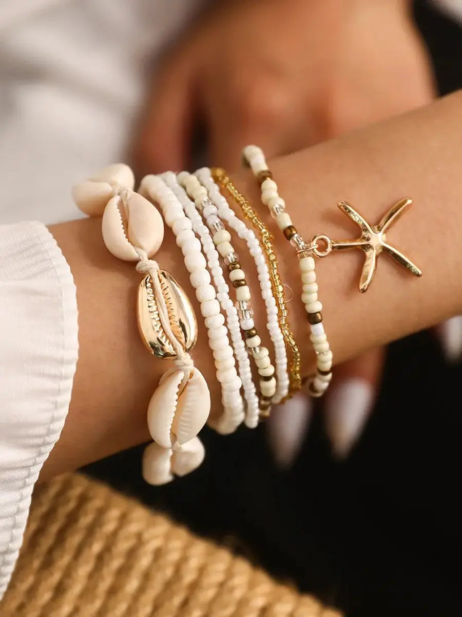 7Pcs/Set Bohemian   Recreational Starfish Shell Woven Bracelet Set For Women Summer Beach Vacation Accessories