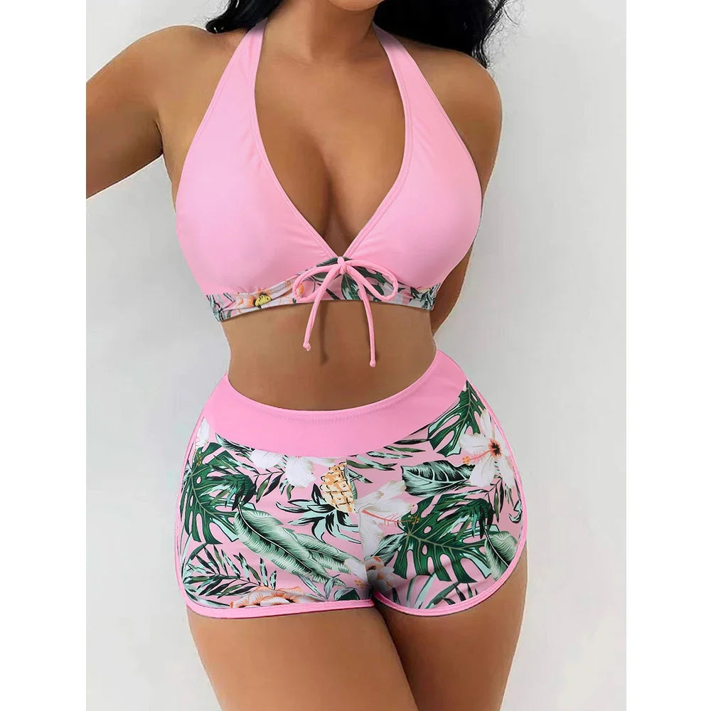 Sexy Triangle Bikini Set Women's Two Pieces Swimsuit Hanging Neck Cross Split Swimwear Color Matching Brazilian Bathing Suit