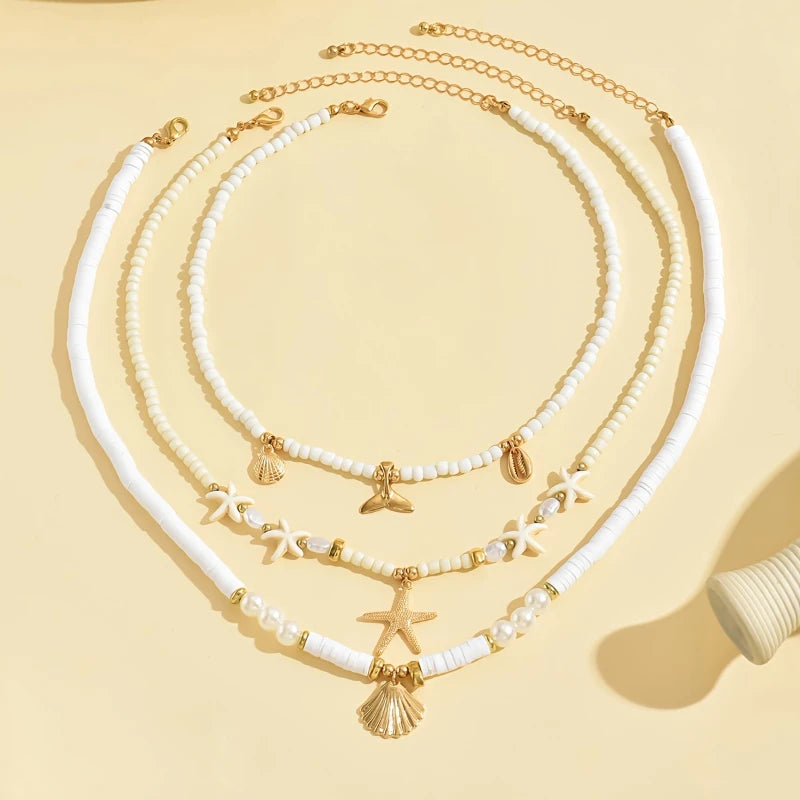 Bohemian Personality Starfish Imitation Shell Pendant Beaded Necklace Women Beach Vacation Wind Vacation Accessories Gift
