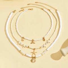 Bohemian Personality Starfish Imitation Shell Pendant Beaded Necklace Women Beach Vacation Wind Vacation Accessories Gift