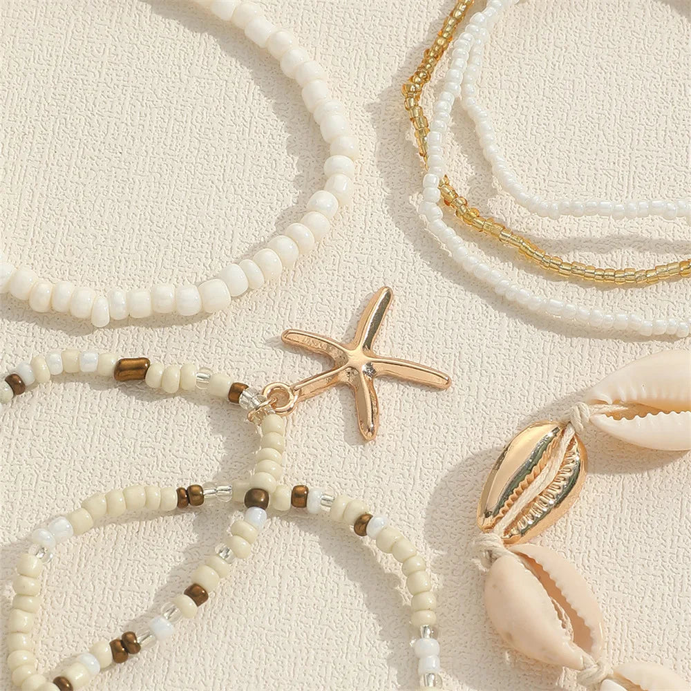 7Pcs/Set Bohemian   Recreational Starfish Shell Woven Bracelet Set For Women Summer Beach Vacation Accessories