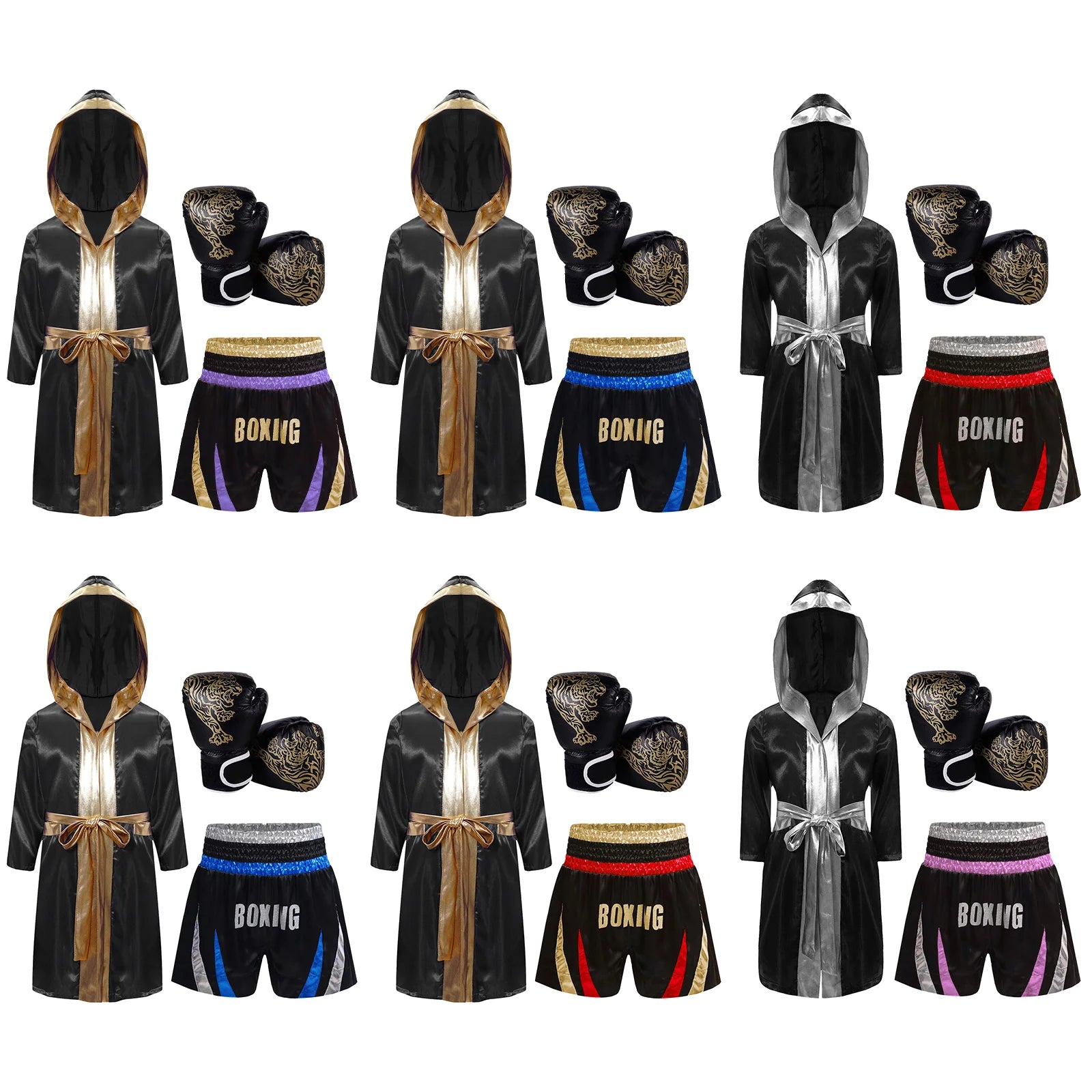 Kids Boys Boxing Training Outfit Long Sleeve Open Front Metallic Satin Robe Hooded Cloak with Athletic Shorts And Boxer Gloves