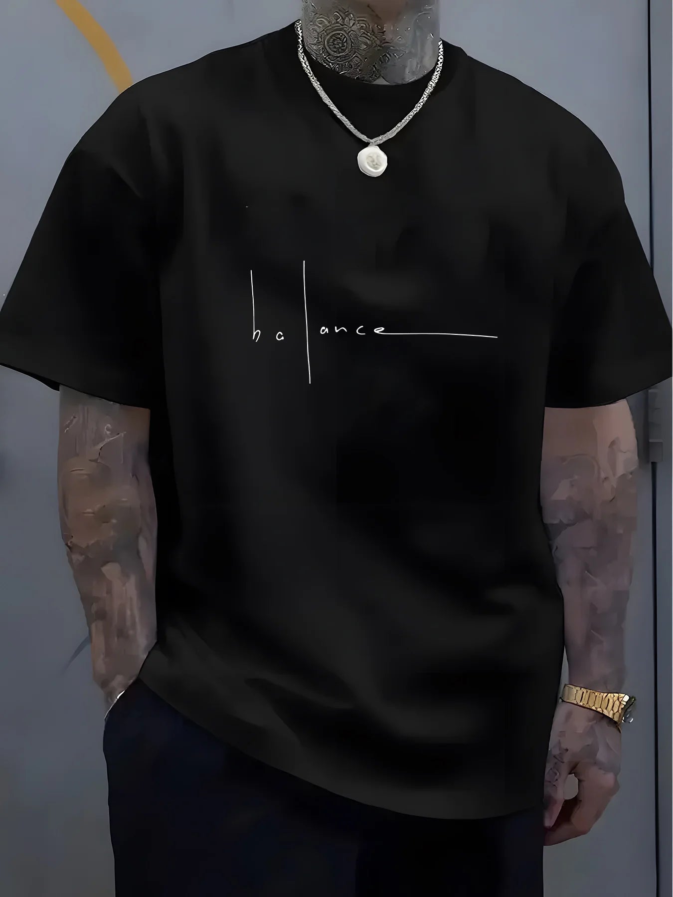 Men's summer  pure cotton fashionable casual sports loose trend balance letter print round neck short sleeved T-shirt top