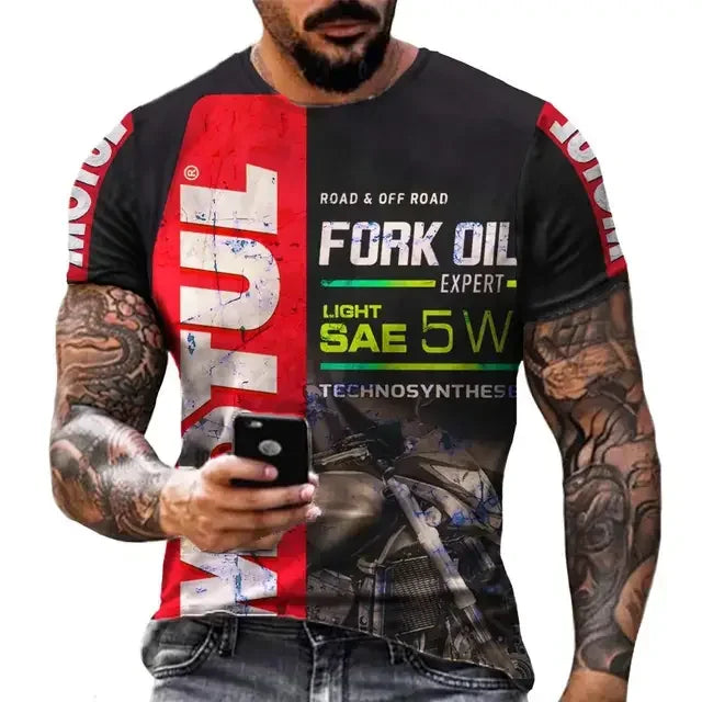 Men's casual T-shirt, white-collar shorts, quick drying summer shirt, breathable, racing motorcycle, 3D printed short top, 2025