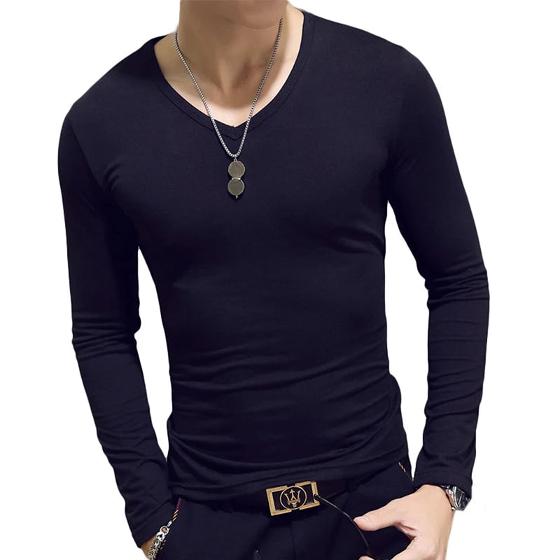 2020 Elastic Mens T-Shirt O-Neck Round Neck Long Sleeve Men T-Shirt For Male Lycra And Cotton T-Shirts Man Clothing