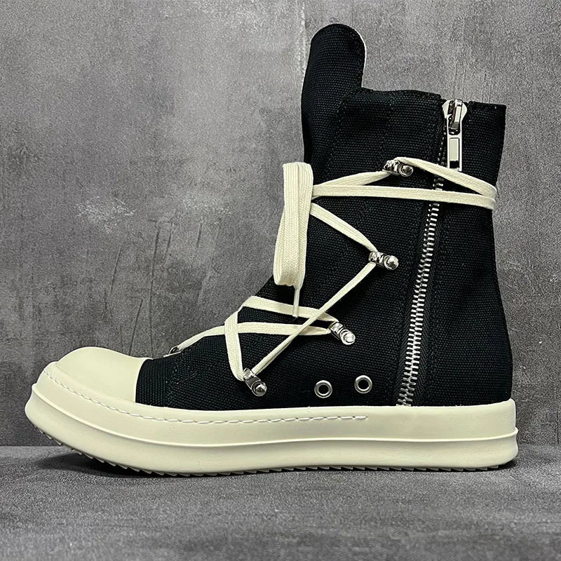 Men Women High-TOP Shoes Casual Canvas Jumbo Lace Up Sneakers Luxury Designer Zip Hip Hop Autumn Flats Black Boots