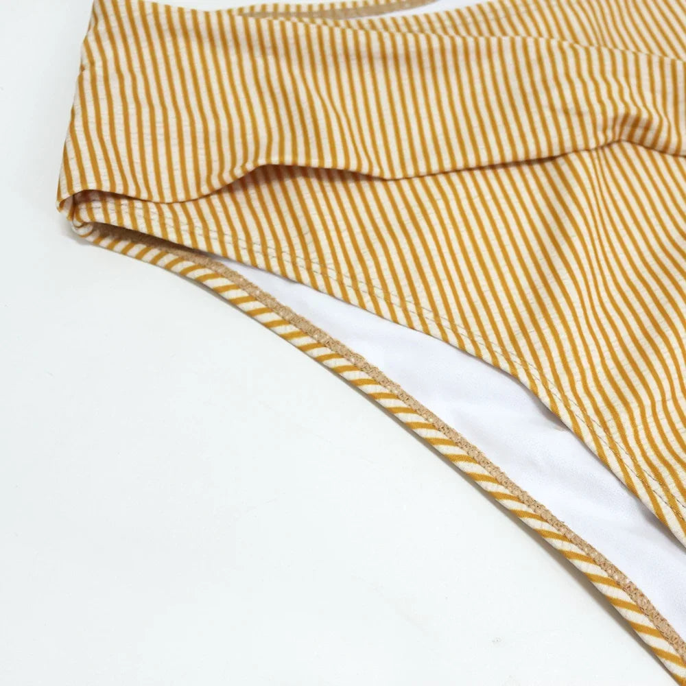 Sexy High Waist Belt Bikini Set 2023 Yellow Stripe Swimsuit Tie Front Women Swimwear Female Beach Wear Swim Bathing Suit