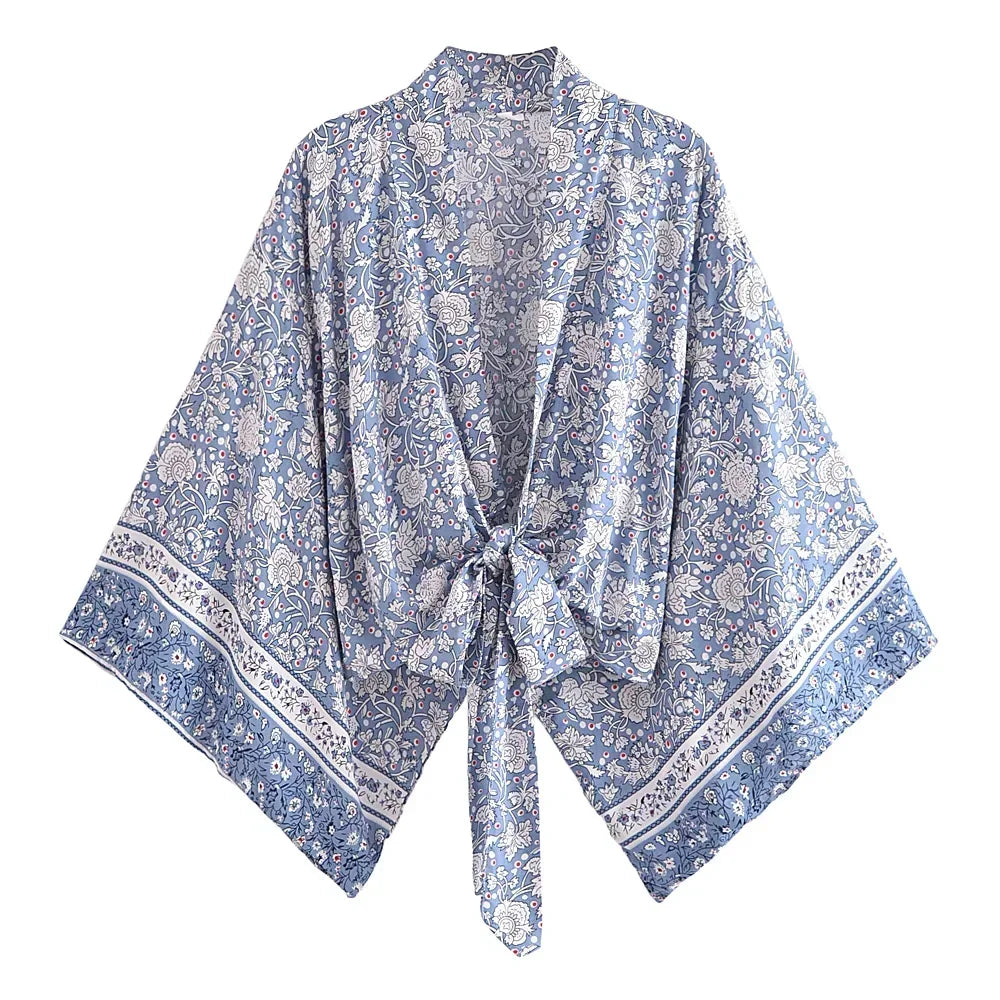 Boho Queens Porcelain Floral Beach Kimono Short Robe Women Fashion Batwing Sleeves Rayon Bohemian Bikini Cover Ups Beachwear