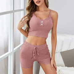Sexy Underwear Sleepwear Sets 2 pieces Pajamas Button Cropped Lace Tops + High Elastic Waist Skinny Shorts Suits Homewear