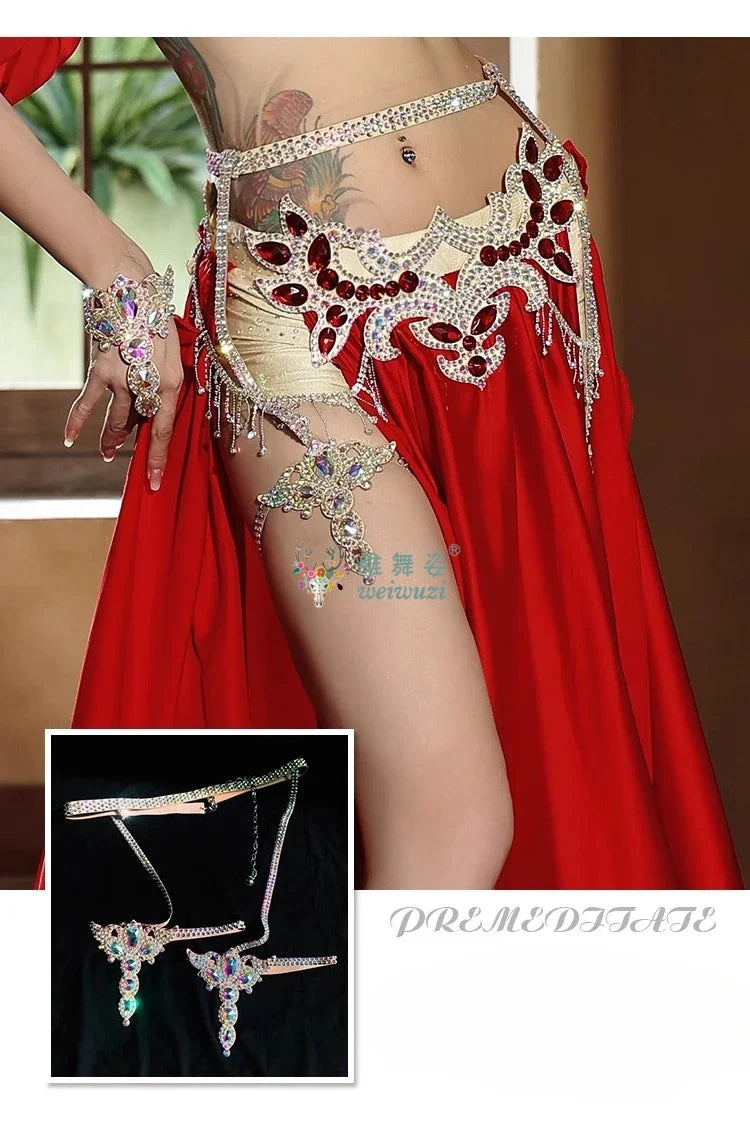 Belly Dance Performance Accessories for Women Senior AB Stones Chain Belt Girl's Luxury Competiton Leg LoopsSuper Sparkling