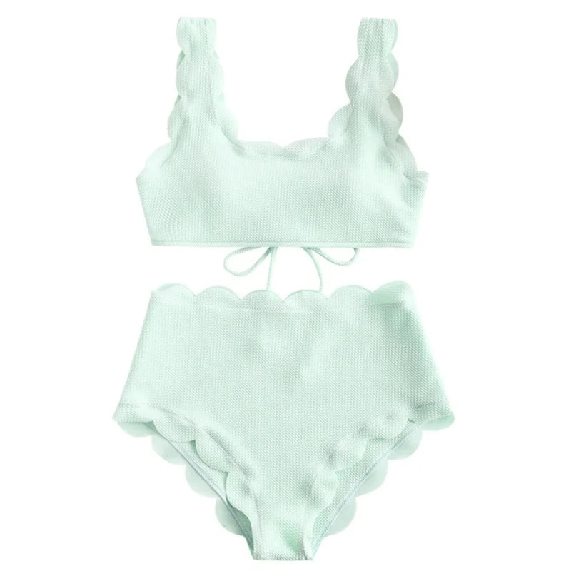Simple Solid High Waist Bikini Women Swimsuit Fashion Floral Edge Split Bathing Suit 2025 New Casual Lady Two Pieces Beachwear