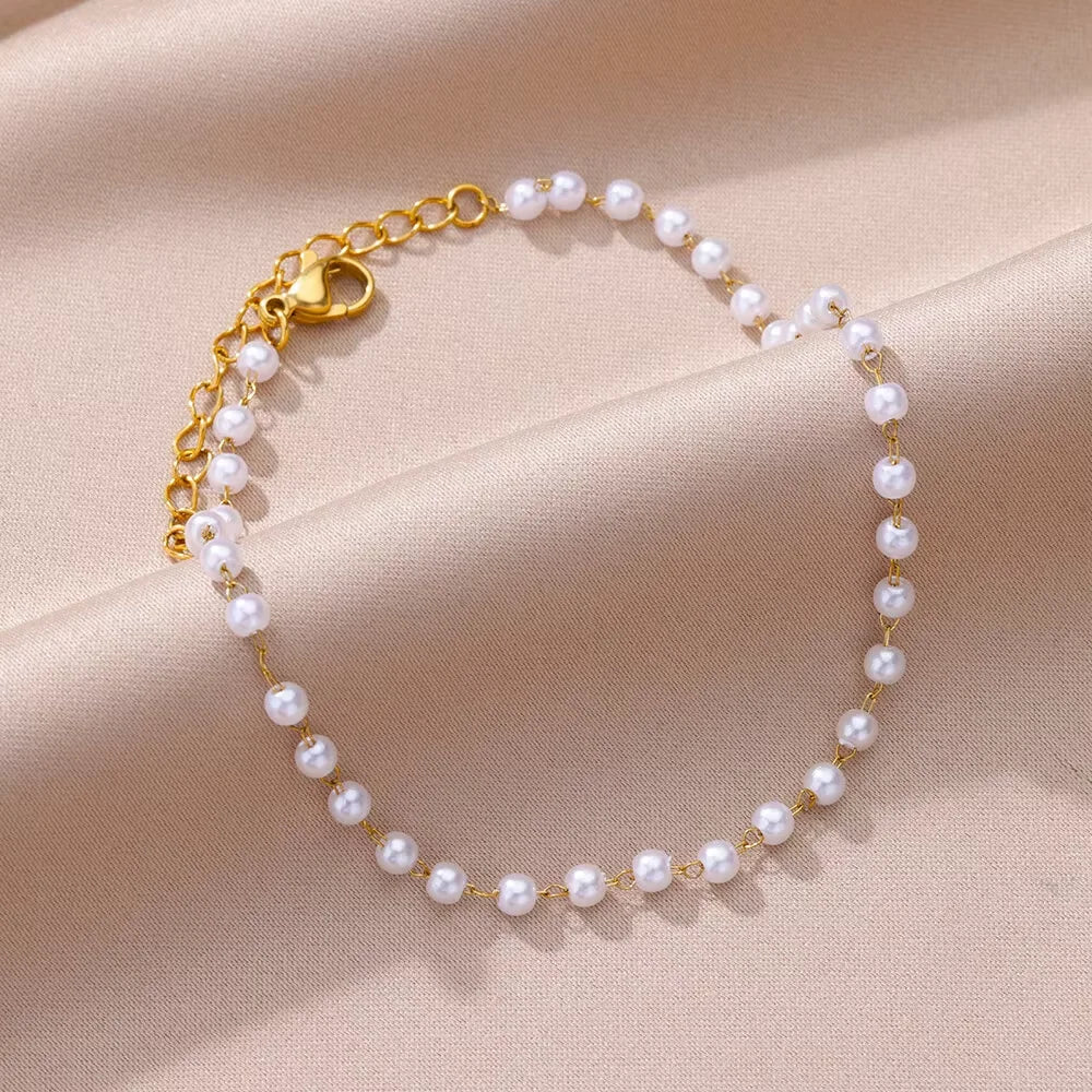 Boho Anklets for Women Summer Beach Accessories Stainless Steel Imitation Pearl Chain Anklet Gold Color Leg Bracelets Bodychain