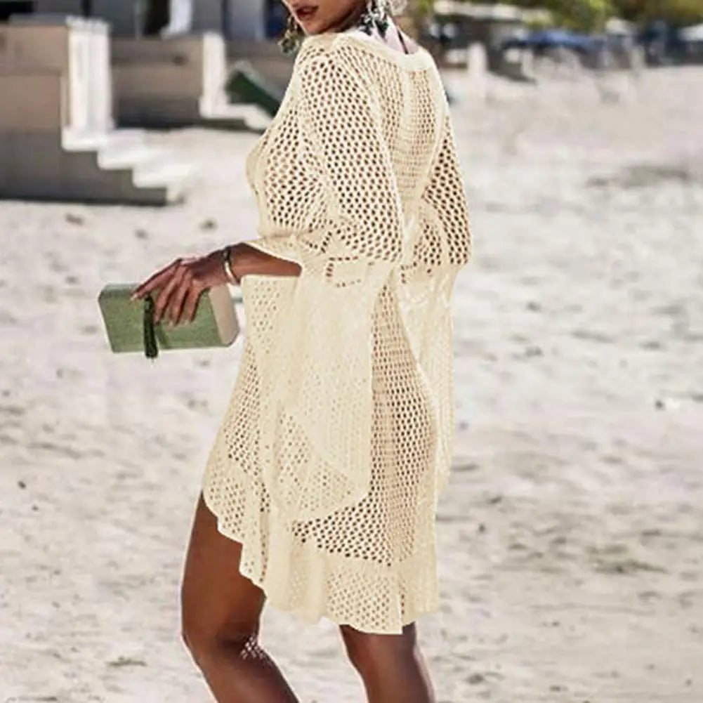 Summer Women Bikini Cover Up Hollow Out Knitted Flared Sleeves Swimwear Cover Up Solid Color Drawstring Beach Dress For Vacation