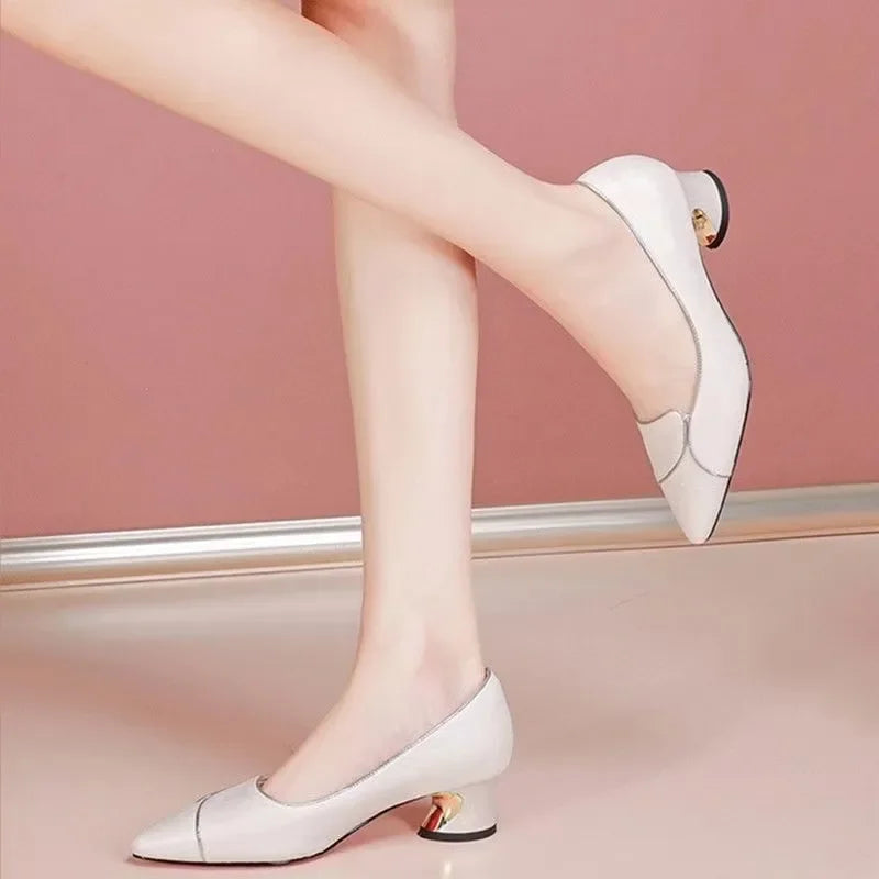 Cresfimix women fashion sweet pointed toe beige spring slip on square heel shoes lady classic office career work pumps ab509