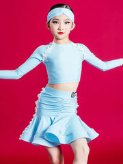 Kid Girls Latin Dance Clothing Outfit Sky Blue Long Sleeve Top Pants Set Cha Cha Samba Dance Training Performance Clothes