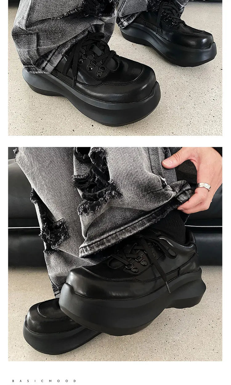 Thick soled 7CM raised leather shoes for men, black sports shoes for women, lightweight soft soled dad shoes for couples