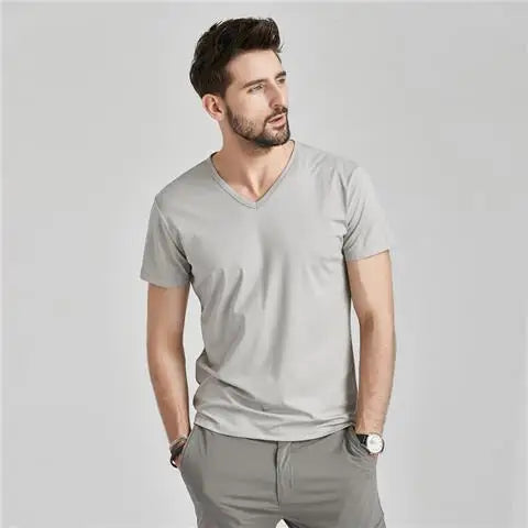 Summer Fashion Luxury Brand T-Shirts for Men with V-Neck Short Sleeves and Ice Silk Modal Fabric Gym Golf Clothing Men Tops