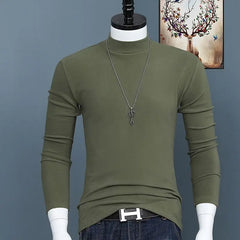 Luxury Korean Men's Oversized T-Shirt Solid Long Sleeve Base Shirt High Neck Slim Fit Tee for Autumn and Winter Plus Size Tops