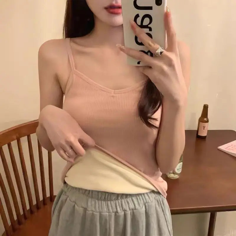 נשים חורף חם תחתונים מוצק צבע תרמי מזדמן Nightwear סקסי גמישות נשית דקה קטיפה חולצת טריקו ללא שרוולים חולצות