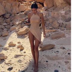 2025 Kintted Cover Up Beach Sexy See Through Maxi Slit Bodycon Summer Dress Bikinis Cover-ups  Elegant Halter Beachdress