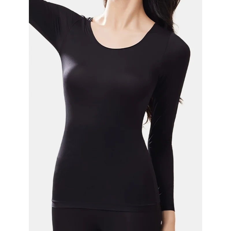 2 Pcs Women's Seamless Ultra-Thin Thermal Underwear - Soft & Comfy Long Sleeve Round Neck Top Perfect For Lingerie & Sleepwear