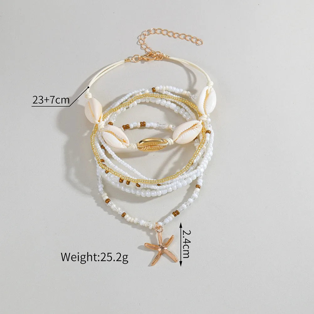 Boho Shell Starfish Anklet Sets for Women Rice Beads Chain Ankle Elastic Rope Beach Summer Foot Accessories Bracelet