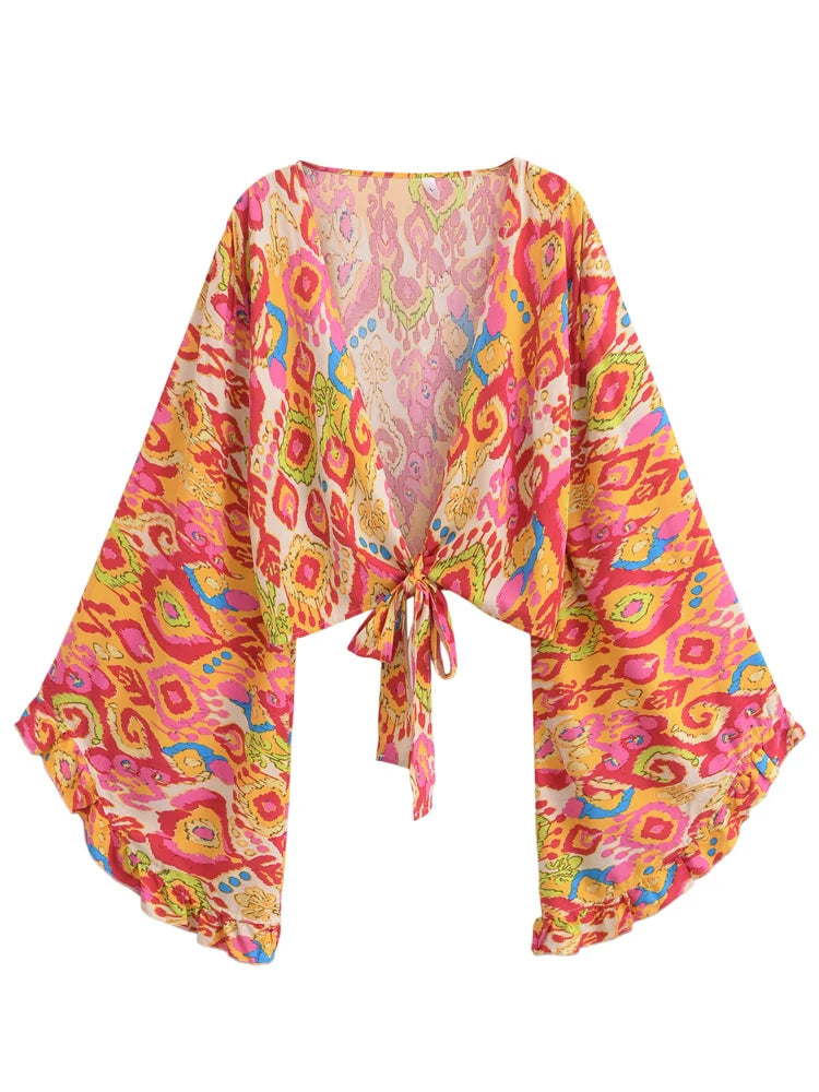 Boho Vintage Floral Print Beach Summer Short Kimono Women 2025 Fashion Ruffles Flare Sleeves Vacation Bohemian Bikini Cover-ups