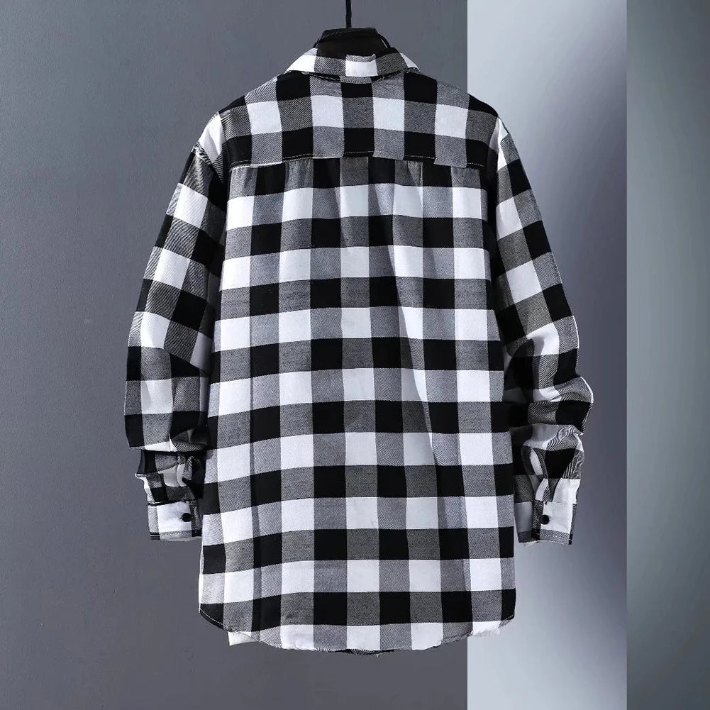 Men\\\'s Baggy Coat Lapel Tops  Casual Work Baggy Coat Lapel Tops  Long Sleeve Check Shirts  Button Down Plaid Shirts  Red Black