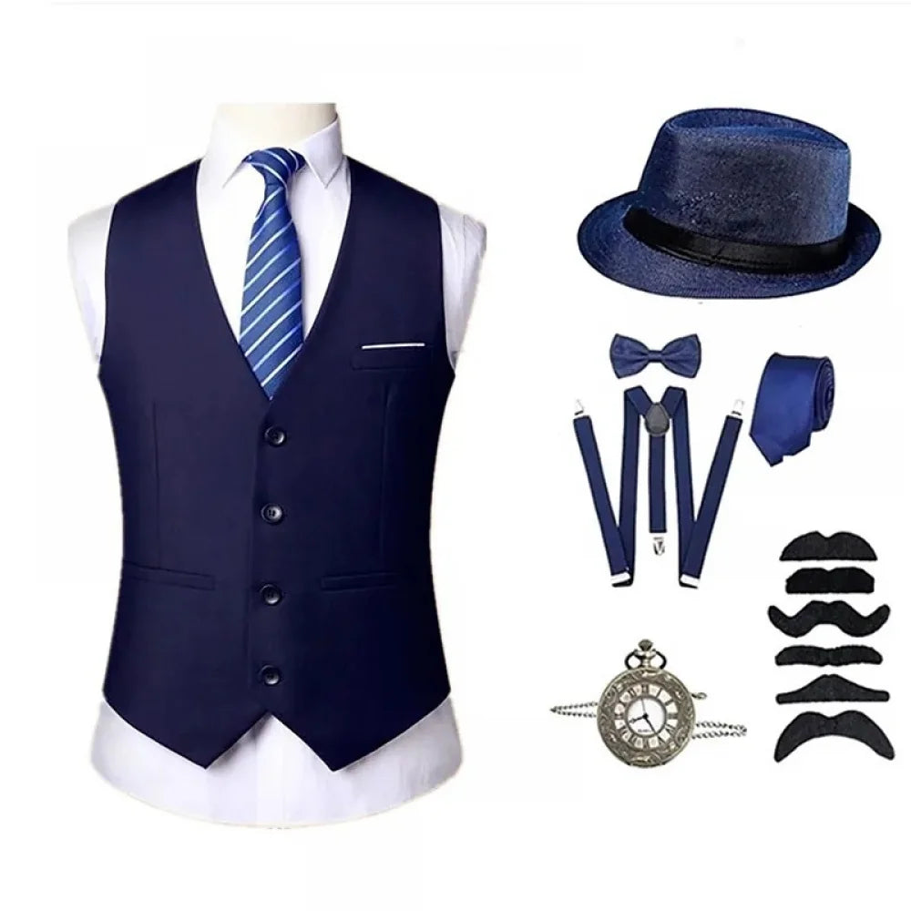 1920s Mens Accessories Set Retro Gangster Costume Tie Hat Vest Victorian Vintage Slim Waistcoat Set Halloween Party Outfits