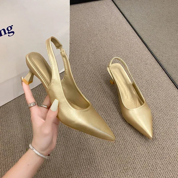 Modische Damenschuhe 2025: Neue Pumps in Unifarben, schlichte Schuhe mit mittelhohem Absatz, sexy spitze Zehenpartie, Slingback, elegante Abendschuhe