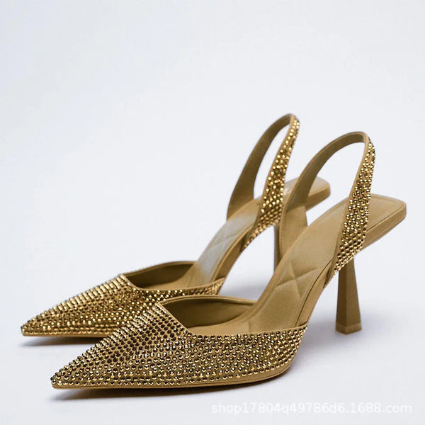Goldene Damen-Sandalen mit Absatz, Sommer 2023, Kristall-Spitze, Stiletto-Absatz, afrikanischer Party-Stil, Strass-Sandalen mit flachem Absatz zum Hineinschlüpfen