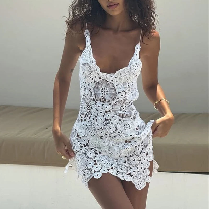 Yiiciovy Flower Crochet Swimsuit Dress Women Beach Cover Ups Slim U Neck Hollow Out Sleeveless Irregular Hem Mini Beach Dress