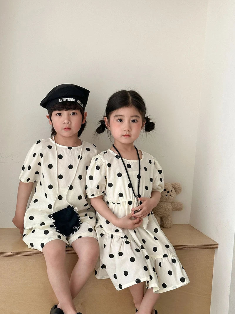 Trendy Children's Summer Clothing Boy's Casual Polka Dot T-shirt Set Girl's Sweet Dress Sibling Outfits Kid's Tee & Shorts Suit